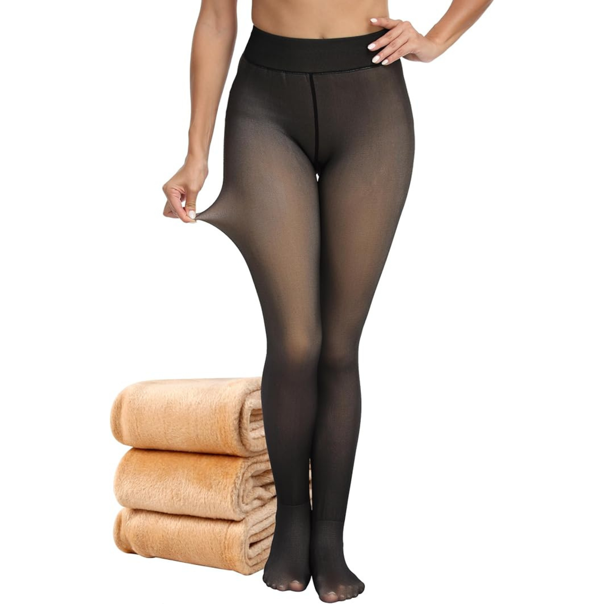 Women's Fleece Lined Winter Tights, High Waisted Thermal Leggings, Opaque Black, Stretch Fabric for Yoga, Running